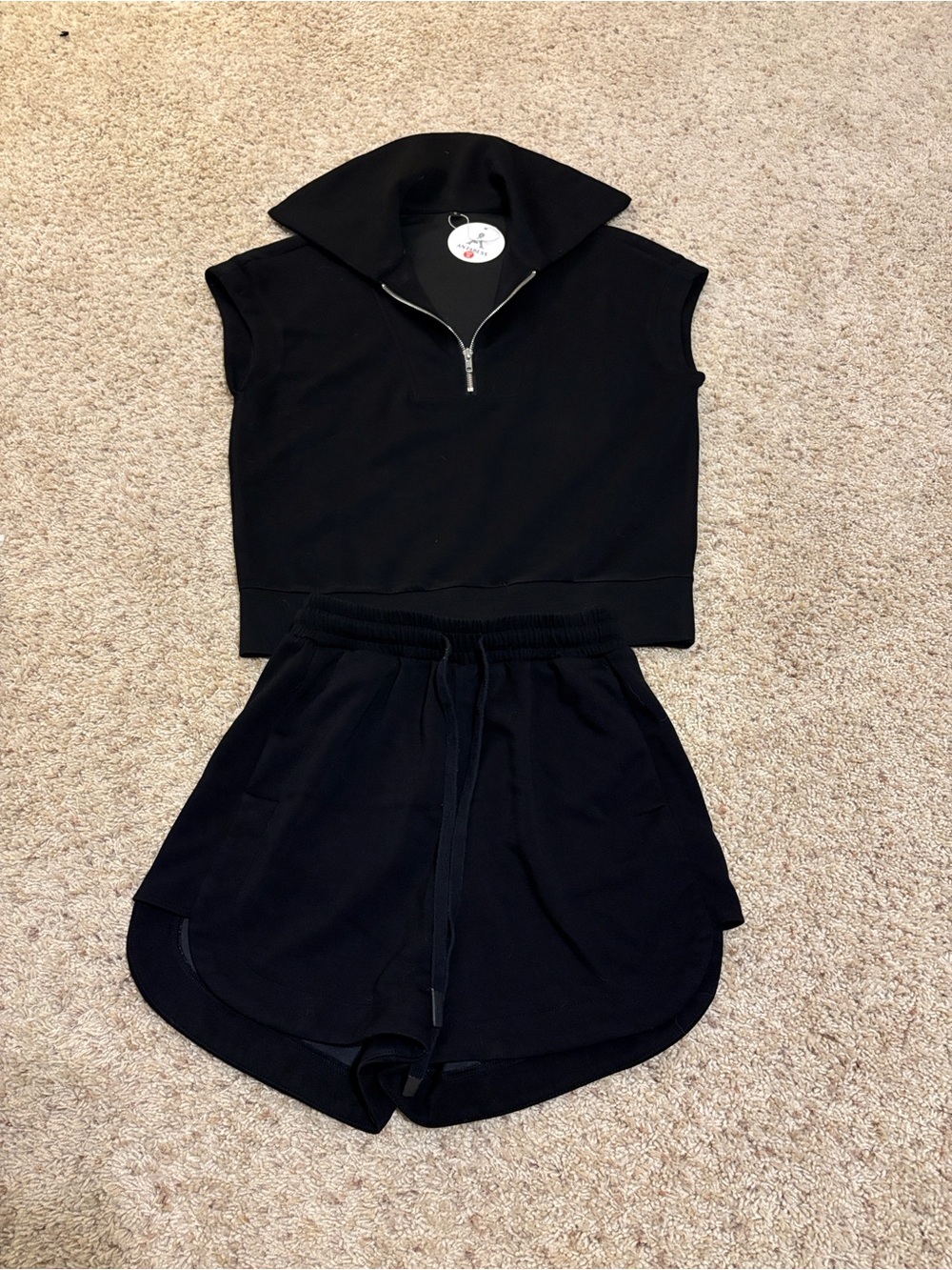 Black Zip-Collar Sleeveless Top & Drawstring Shorts Set